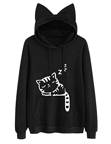 Lziizl Women Girl Hoodies Cute Cat Ear Novelty Printed Pullover Sweatshirt Black US Size M=Tag Size XL