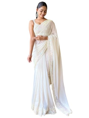 Image of AKHILAM Women's Multicolor Georgette Embellished Saree with Unstitched Blouse Piece(KESARI9501 KR Parent)