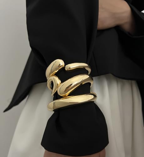 Image of Chunky Gold Bangle Bracelets for Women, Dainty 14k Gold Plated Big Stackable Bangles Set, Trendy Statement Cuff Bracelet Stack Fashion Jewelry Gifts