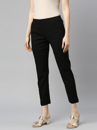Image of MINELLI Women Solid Cigar Pants, Cotton Lycra Slub Fabric, Elasticated Waistband, Pull On Style, Regular Fit Bottom Wear for Western and Ethnic Wear