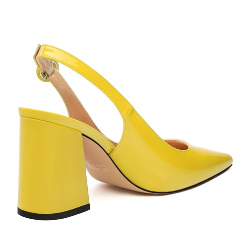 Women's Slingback Heels, Pointed Toe Buckle Patent Cut Out Ankle Strap Block High Heel Pumps Shoes 3.35 Inch 5