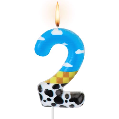 Threlaco Toy Inspire Game Birthday Number Candles Cartoon Cake Topper Blue Sky and White Cloud Cow Birthday Candle for Boy Girl Party Decor Supplies(Number 2)