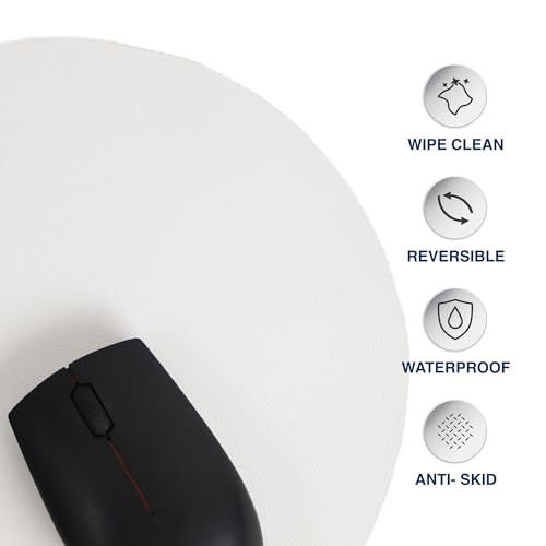 Image of Bellblock Round Mouse Pad | Computer Mouse Mat | Vegan PU Leather | Anti-Slip | Smooth Mouse Control | Spill-Resistant Surface | White & Sky Blue | Diameter 22 cm (Pack of 1)