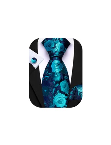 Image of Barry.Wang Flower Ties for Men Handkerchief Cufflinks Set Wedding Necktie Set Party