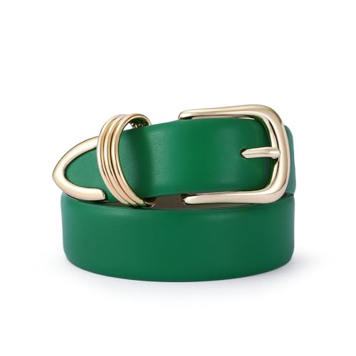 RISANTRY Women's Leather Green Belts with Gold Buckle Leather Woven belt Ladies Belts for Jeans Gifts for Women