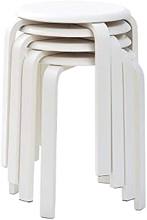 IBUYKE Set of 4 Wood Round Stool, Bar Stools Solid Anti-Slip Bent Wood Stacking Chair Stackable Stools Kitchen Office Party Chair White RF-717-4