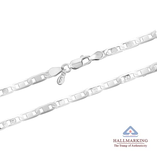 Image of TRUESILVER ACPL Solid 925 Sterling Silver Italian 3 MM, 4 MM Diamond-Cut Solid Flat Mariner Link Chain Necklace for Women Men with Lobster Clasp (20, 22, 24 Inches)