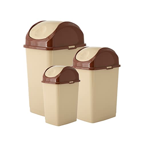 Image of Superio Swing Top Trash Can,Set of 3 Waste Bins for Home, Kitchen, Office, Bedroom, Bathroom, Ideal for Large or Small Spaces - White (Beige-18 qt+10 qt+5 qt)