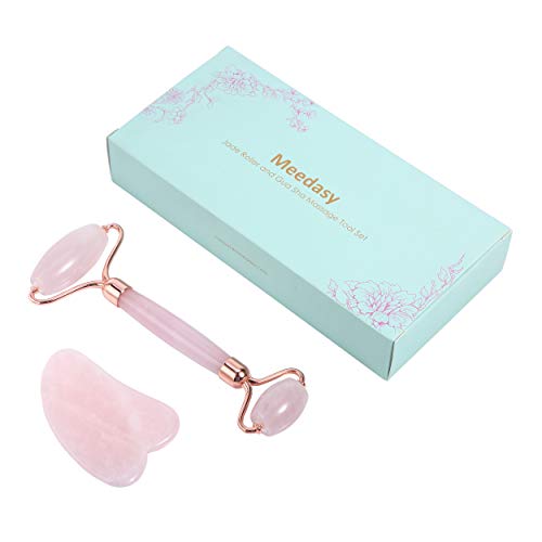 Meedasy Jade Face Roller for Face & Gua Sha Massager Tool Set, 100% Natural Rose Quartz Roller  Face, Eye & Neck Rejuvenation Beauty Tools