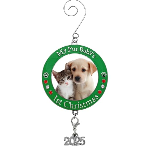 BANBERRY DESIGNS Dog Christmas Ornaments - Keepsake Dated 2025 Picture Ornament with Charm - for Dogs and Cats - Engraved with My Fur Baby's 1st Christmas - 3' D