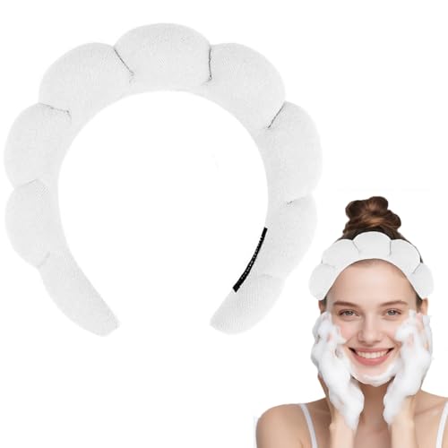 Gekamoyue Diadema para Lavarse, Diadema con Esponja, Diadema Maquillaje para Mujer, Tela de Rizo Suave, para Lavado de Cara, Cuidado de La Piel, Desmaquillado (Blanco)
