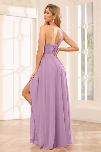 One Shoulder Bridesmaid Dresses for Women Chiffon A Line Ruched Long Evening Formal Dress with Slit LA0132