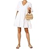 FANCYINN Womens White Cute Shift Dress Short Bell Sleeve Ruffle Hem V Neck Loose Swing Tunic Mini Dress with Pockets M
