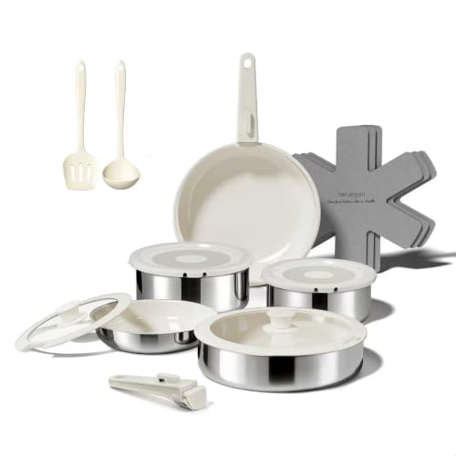 Image of 16PCS Pots and Pans Set Non Stick, Diamond-Titanium Ceramic Cookware Set & 3 Layer Stainless Steel with Detachable Handle, Induction Cookware, Non Toxic Oven /Dishwasher Safe, White