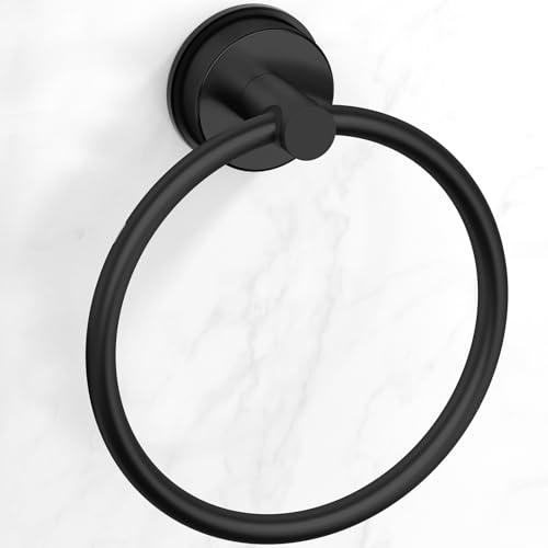 BKV Suction Cup Towel Ring Hand Towel Holder for Bathroom Stainless Steel Heavy Duty Round Towel Hanger for Bath Kitchen-Matte Black