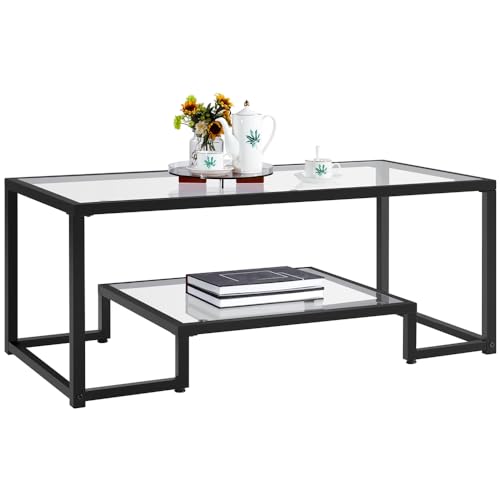 Yaheetech Mesa de Centro de Cristal Templado 106×50×45 cm Mesa de Café con Revistero Mesa Baja de Dos Niveles Rectangular para Sofá Negro