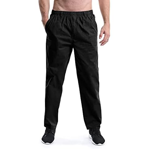 Aeslech Men's Lightweight Pull On Work Trousers Elasticated Waist Casual Lounge Walking Drawstring Pants Black 36 Cover