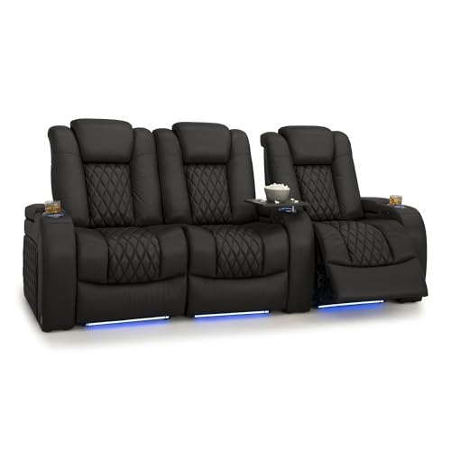 Image of Seatcraft Diamante Black Italian Leather Home Theater Seating, Zero Gravity Power Recliner Gaming and Home Office Chair, Powered Headrest Lounge Sofa Furniture for Cinema Room, Row of 3 Left Loveseats
