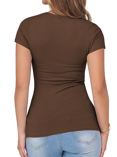 Image of Albe Rita Women Short Sleeve T-Shirt Cap V Neck Shirts for Women Ribbed Casual Top Knit Slim Fit for Summer