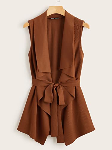 RAOGE Jackets for Women Jackets - Draped Collar Self Belted Vest (Color : Brown, Size : Large)