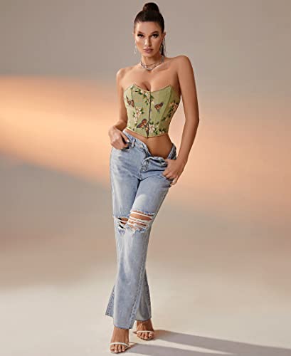 Alivila.y Fashion Womens Lace Up Back Boned Bustier Butterfly Print Corset Tube Crop Top 22047-Green-S #TOP4