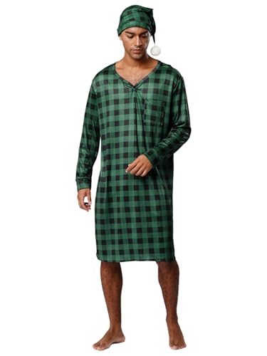Adult Men Mid-length V-neck Nightdress Sleepwear Suit Long Sleeve Pocket Plaid Nightdress Sleep Hat2