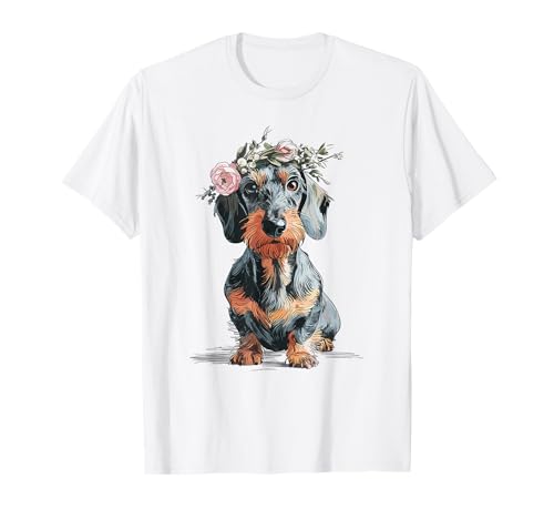 Rauhaardackel Dackel Blumern Teckel Hund Jagdhund lustig T-Shirt