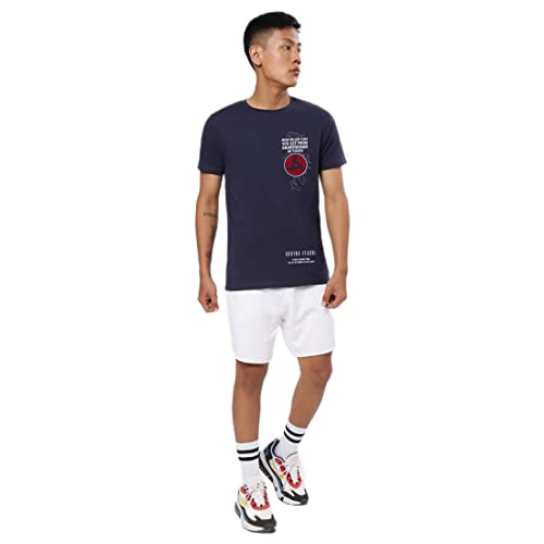 Image of Bewakoof Men's Graphic Printed 100% Cotton T-Shirt - Regular Fit, Round Neck, Half Sleeves Blue
