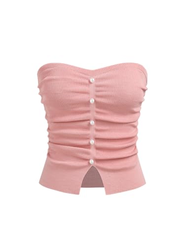 Image of CIDER Faux Pearl Tube Tops for Women Split Hem Knit Crop Y2K Going Out Tops | Cute Ruched Tops, Spring Summer Outfits, Vacation, Concert