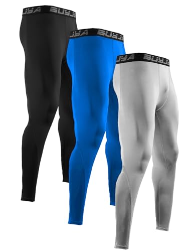 Image of BUYJYA 3 Pack Men's Compression Pants Running Tights Workout Leggings Athletic Cool Dry Yoga Gym Clothes Gift