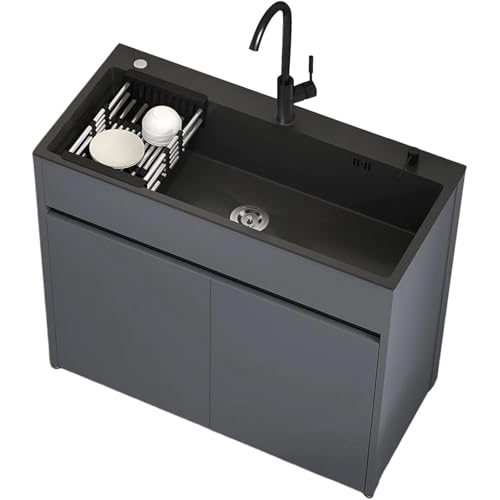 Unité d'Évier Moderne avec Rangement pour Studio et Balcon, cuve en inox nano noir avec meuble en aluminium alvéolaire, poignée encastrée, design...