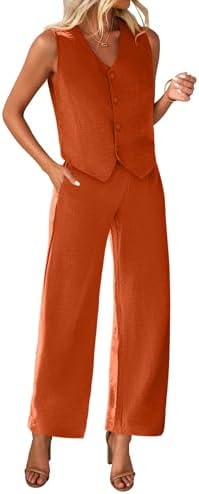 KIRUNDO Womens Two Piece Outfits Summer Fashion Button V Neck Crop Vest Blazer and Wide Leg Pants Suit Matching Sets