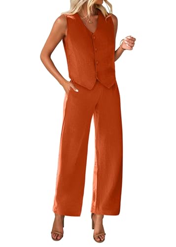 KIRUNDO Vest and Pants Set Women 2 Piece Outfits Sleeveless V Neck Linen Copped Blazer Vest and Wide Leg Pants Suits Brunch Summer Outfits 2025 Work Clothes(Brick Red, Medium)