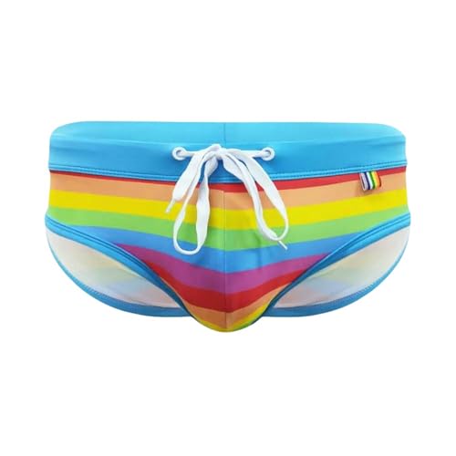 Men's U-Cup Swim Trunks Shorts Rainbow Stripe Print Drawstring Surf Briefs Beachwear Swim Trunks