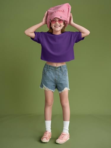 Image of Girls Athletic Oversized Crop Tops Kids Drop Shoulder Short Sleeve T Shirts Workout Tees 5-14 Years
