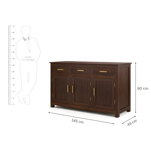 Image of SONA Art & Crafts Solid Sheesham Wood Sideboard Cabinet Storage Organizer for Home Kitchen Living Room & Bedroom Multi Shelves Hallway Dining Room Walnut Finish 145x45x90 CM