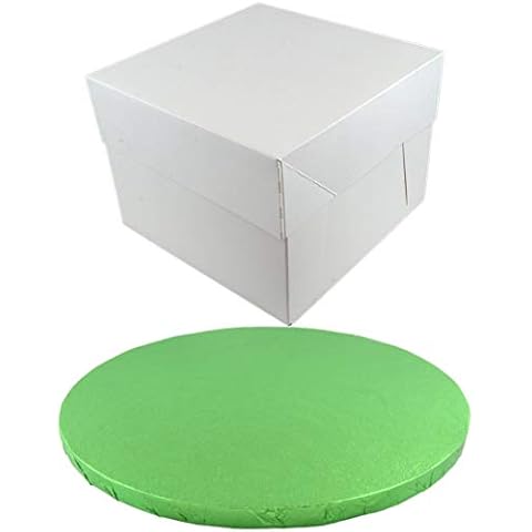 Doric ROUND COLOURED Drum cake BOARD and white transporting BOX (8 Inch, Pale Green) Cover