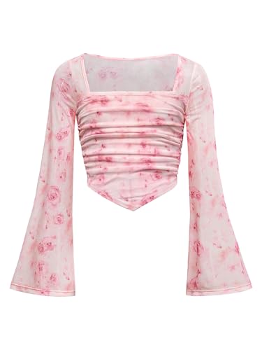 Image of Floerns Girls Bell Long Sleeve Square Neck Asymmetrical Hem Mesh Ruched Crop Tops Tees