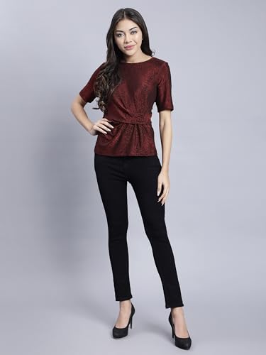 Image of SAFFE Women's Casual Party Top Textured Shimmer Half Sleeve Round Neck Body Fit Wine