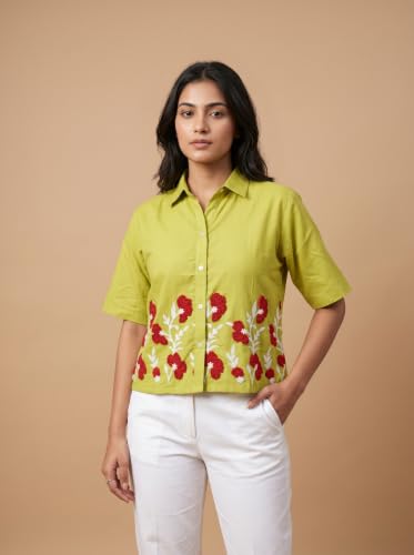 Image of Stylish Women's Embroidered Shirts | Geometric Pattern Half Sleeve Collared Button-Up Casual Shirt for Women