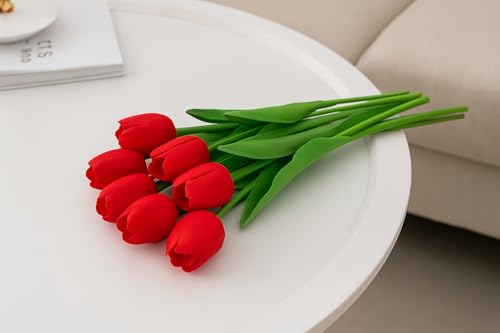 Image of Pink Olive Tulip Flowers Bunches | for Home Decor | Living Room, Corner Table, Bedroom, Wedding Party Decor, Gifting | Real Like Feel, Artificial Flower | Bunch of 05 (Red Tulip)