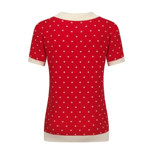 Women's Knit Polo Shirts Short Sleeve, 1960s Mod Style Retro Beige Dots Casual Tops Cardigan with Button, Red2