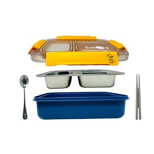 Image of Kitchen Bloom Lunch Box for Kids -3 Compartment Lunch Box for Kids with Spoon & chop Stick, Stainless Steel Lunch Box for Boys & Girls to School |Tiffin Box for Office (Blue & White)