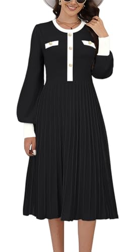 ETCYY Women's Casual Long Sleeve Midi Dress 2025 Striped Fall Sweater Work Button Pleated A Line Ribbed Knit Dresses