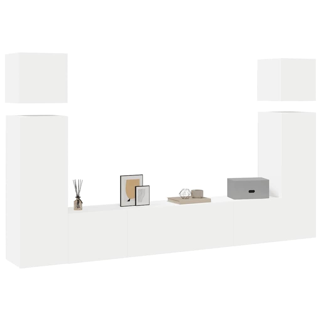 8-TLG. TV-Schrank-Set, Weiß Holzwerkstoff, Hängend, Modernes Media-Center für Wohnzimmer, Schlafzimmer, Viel Stauraum