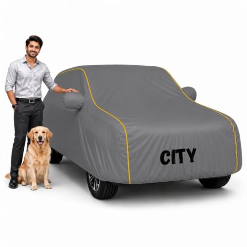 Image of Waterproof Car Cover for City | Soft Cotton Lining Heavy Duty Triple Stitched Heat Resistant Outdoor Cover Comes with Mirror and Antenna Pocket Full Bottom Elastic (Zig Zag Grey)