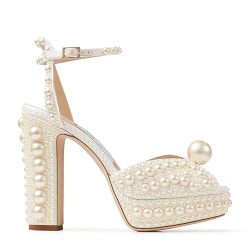 Image of Goolita Womens Open Toe Pearl Platform Heels For Women Chunky Buckle Ankle Strap Wedding Heeled Sandals Dress Evening Bride Bridal Shoes