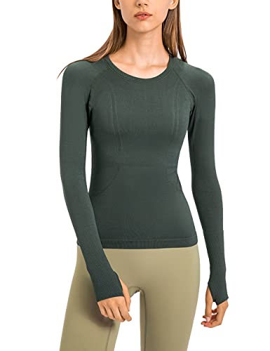 Luyaa Women's Workout Tops Long Sleeve Shirts Yoga Running Seamless Breathable Gym Athletic Tops Slim Fit Dark Green #TOP5