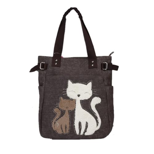 Canvas Tote Handbag for Women Cute Cat Embroidery Shoulder Purse Large Zipper Travel Work Shopping Grocery Bags