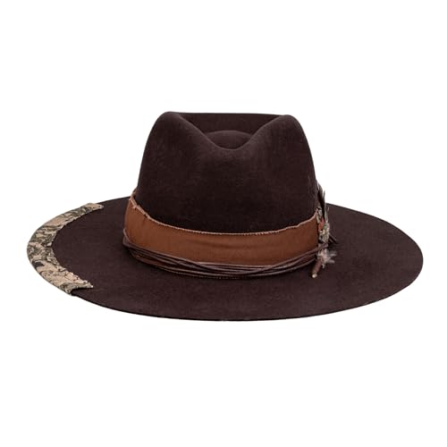 Image of RUEDIGER Vintage Wide Brim Fedora Hats 100% Wool Stiff Felt Hat Rancher Hat with Lightning Logo Handmade Distressed /Burned